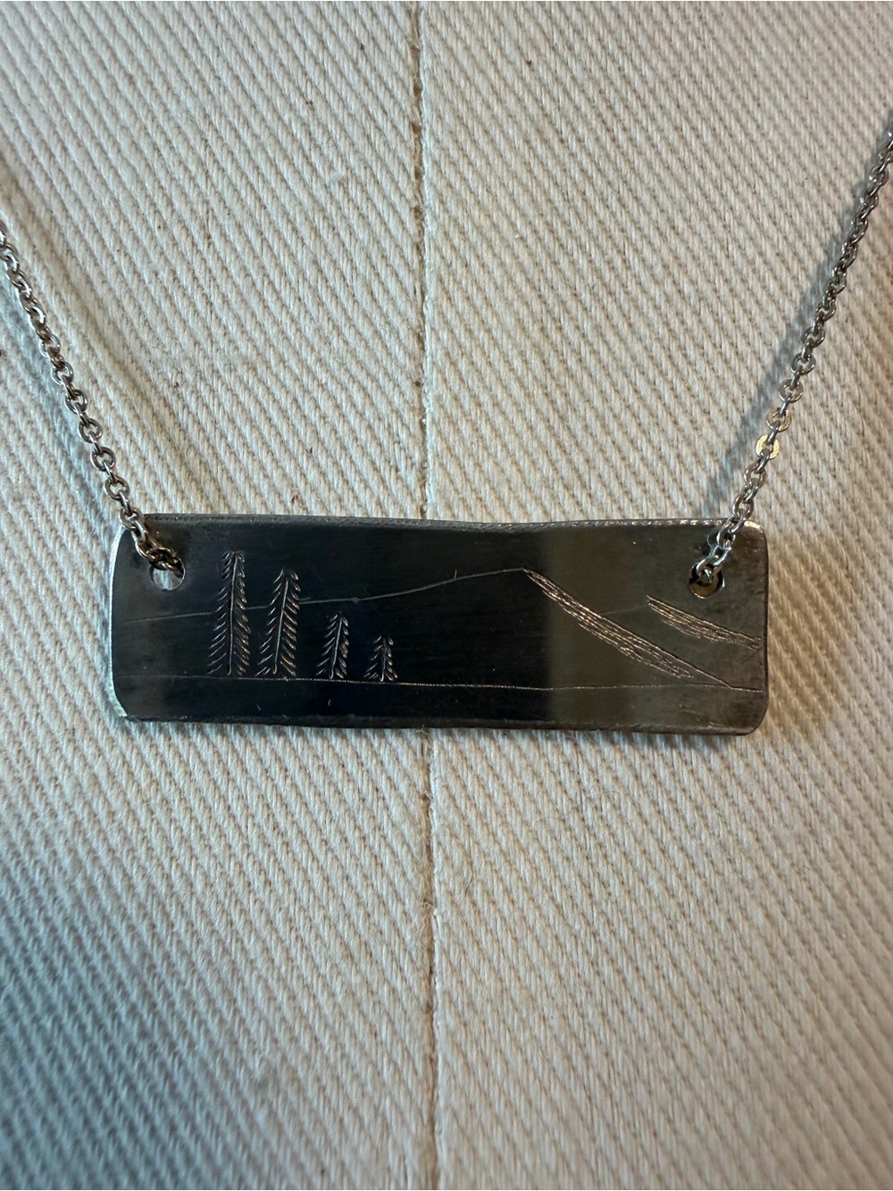 Hand-Engraved Mountain Bar Necklace in Silver Tone